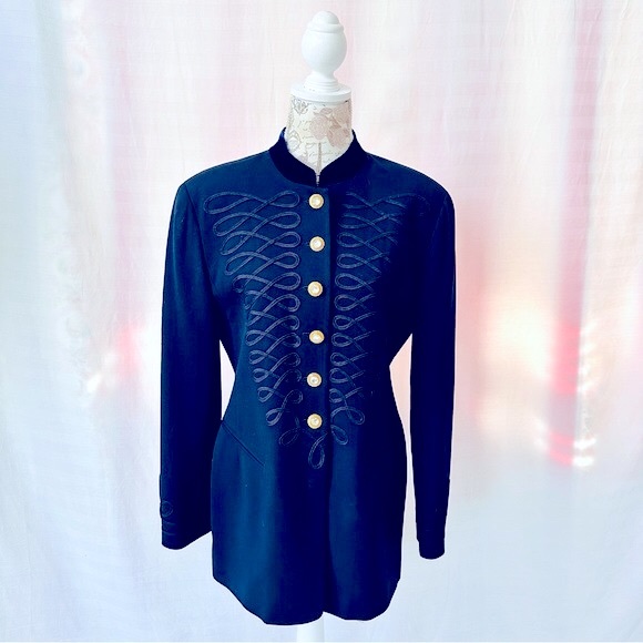 Vintage Blue Blazer Military Soutache Trim Gold Buttons Size 6 By A Vittadini - Picture 1 of 12
